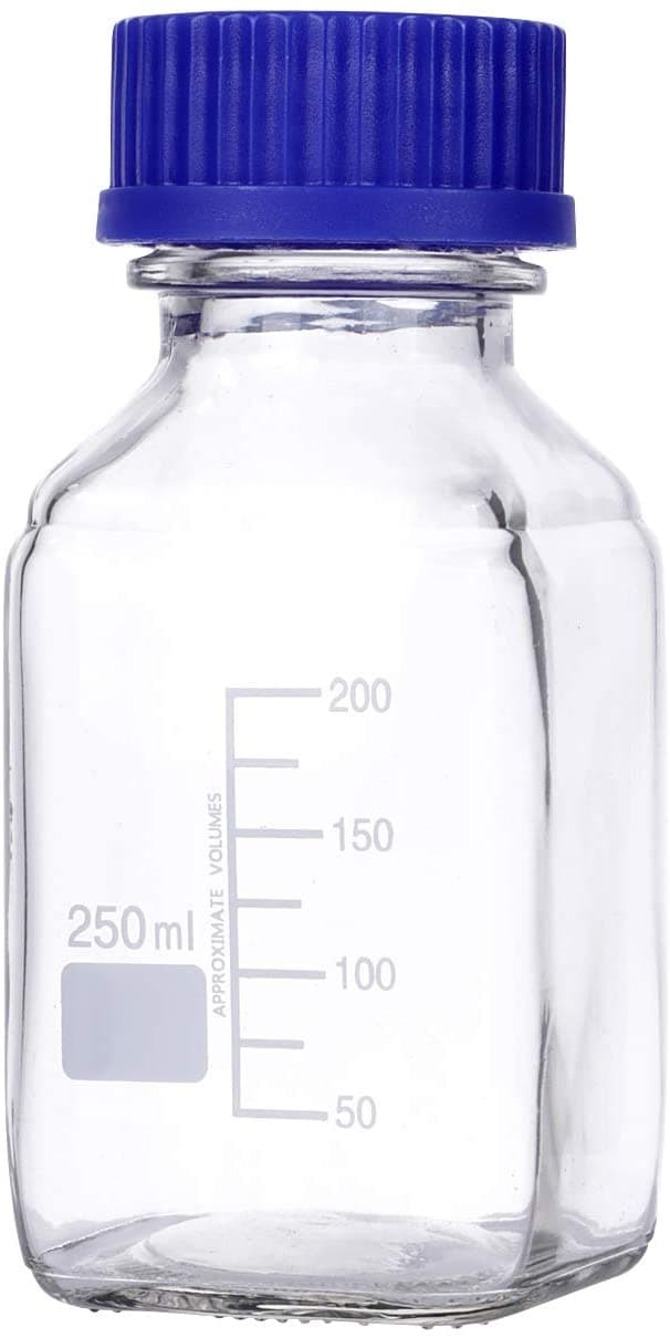 dimensions: 64mm od x 143mm hgt. GL45 square glass bottles distributor